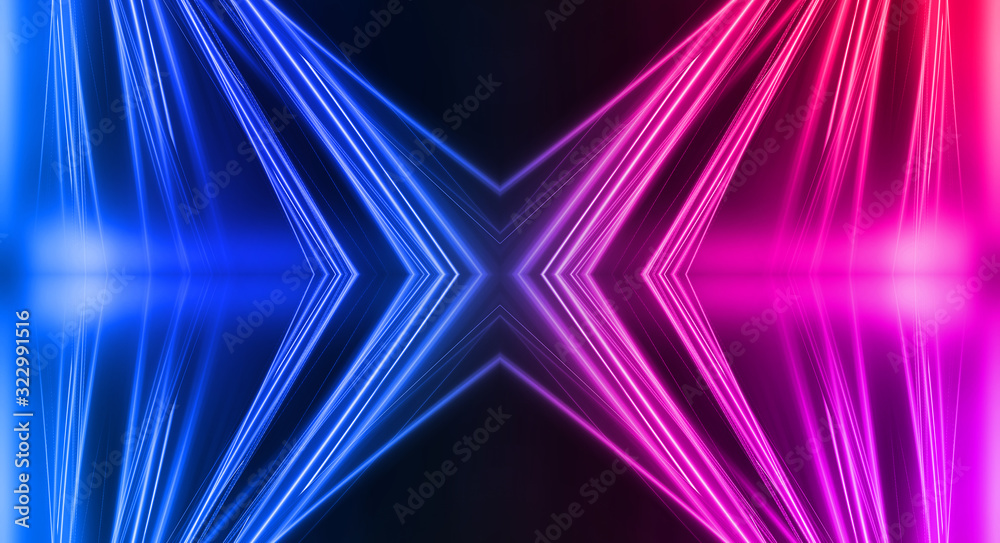 Fototapeta premium Empty stage, blue and pink, purple neon, abstract background. Rays of searchlights, light, abstract tunnel, corridor.
