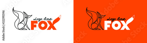 Stylized Fox linear logo on a white and orange background, isolated. Foxes for placement on corporate identity, logo, symbol, stickers, icons, brand and print. Company spelling, font, lettering.