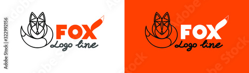 Stylized Fox linear logo on a white and orange background, isolated. Foxes for placement on corporate identity, logo, symbol, stickers, icons, brand and print. Front view, company spelling, font, lett