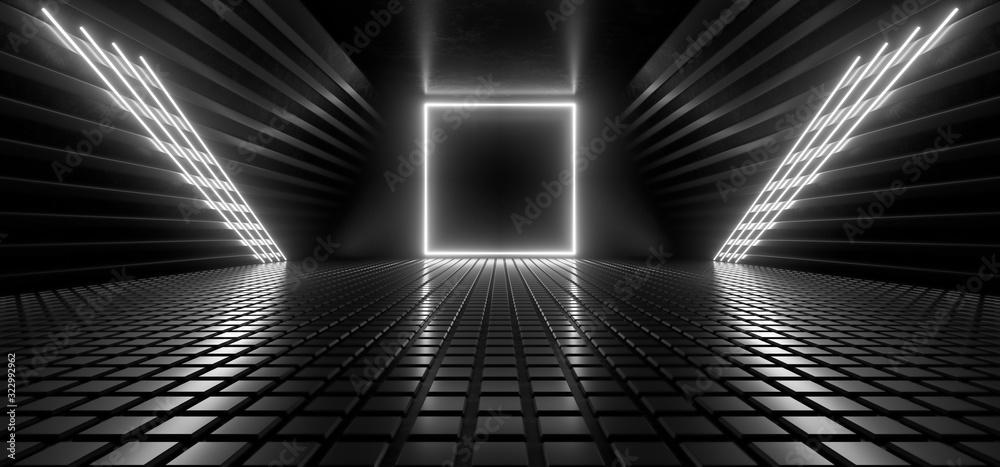 Obraz premium Beautiful composition of white neon lights on a black background. 3d rendering image.