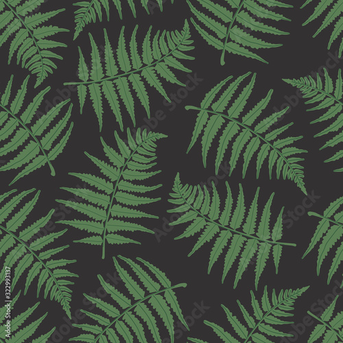 Vector seamless pattern with green fern. Dark background with leaves. Pattern for the fabric.
