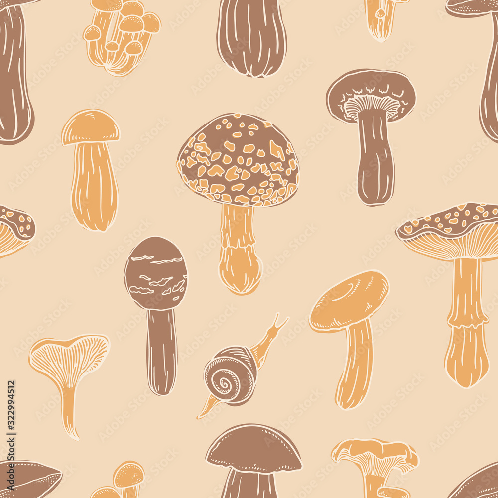 Naklejka Seamless vector pattern of edible and inedible mushrooms. Brown and yellow mushrooms on beige hand drawn background for fabric, textile and wallpaper