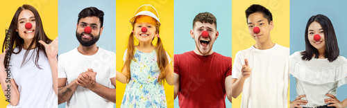 Vászonkép Collage of happy young people as a clowns celebrating red nose day