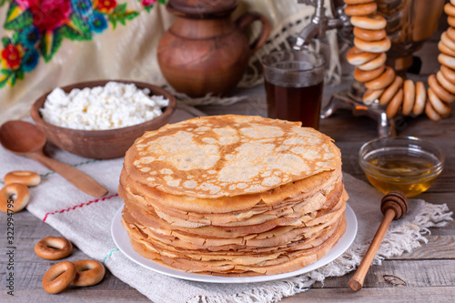 Thin homemade pancakes. Russian bliny. Maslenitsa