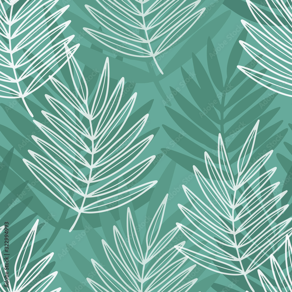 Tropical palm leaves seamless pattern. Vector illustration. Hand drawn turquoise background for fabric, textile and wallpaper