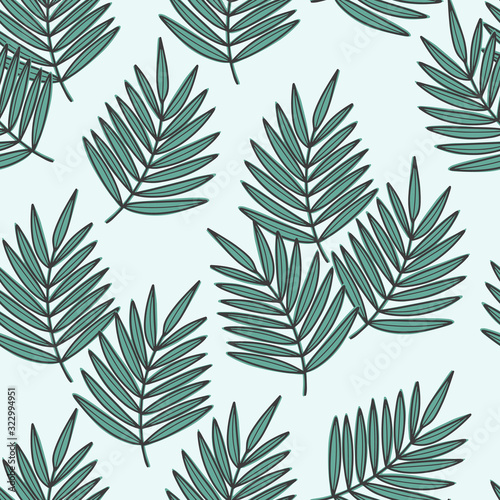 Tropical palm leaves seamless pattern. Vector illustration. Hand drawn light blue background for fabric, textile and wallpaper