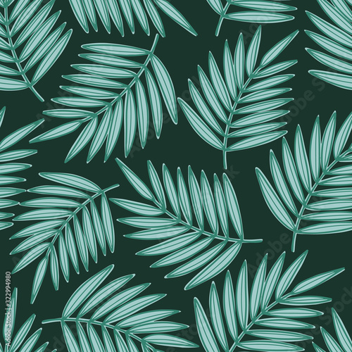Tropical palm leaves seamless pattern. Vector illustration. Hand drawn dark green background for fabric, textile and wallpaper