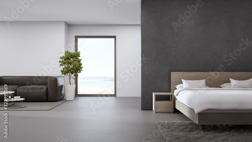 Sea view living room and bedroom of luxury summer beach house with sofa near double bed. Empty white concrete wall background in vacation home or holiday villa. Hotel interior 3d illustration.