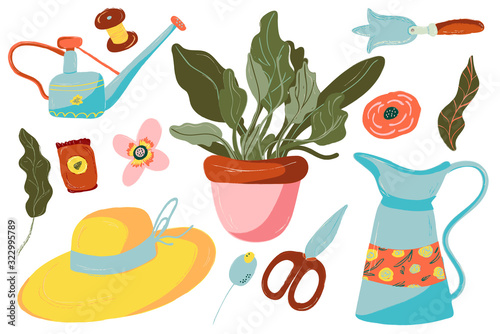 Spring Gardening Set. Tools and decorations for the garden.Gardening equipment. Isolated illustration on white background. Farm collection or farming set illustration. Elements, clipart vector