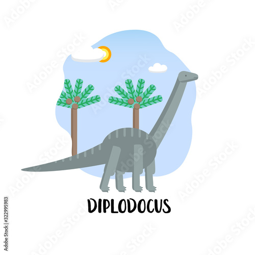Design template card with diplodocus in the landscape. Flat style icon of dinosaur with text.