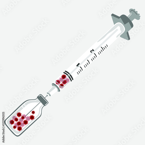 A syringe picks up the vaccine from the ampoule. Vaccination, medicine, protection against infections and flu. Vector illustration.