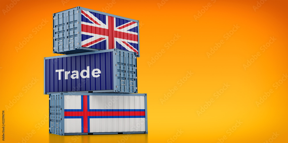 Freight container with United Kingdom and Faroe Islands flag. 3D Rendering