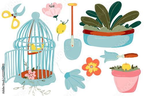 Spring Gardening Set. Tools and decorations for the garden.Gardening equipment. Isolated illustration on white background. Farm collection or farming set illustration. Elements, clipart vector