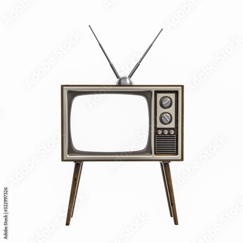 Retro television, Retro vintage tv 3d rendering, 3D illustration of Classic Design Retro TV with classic wood shell and white blank for your text screen on white background.