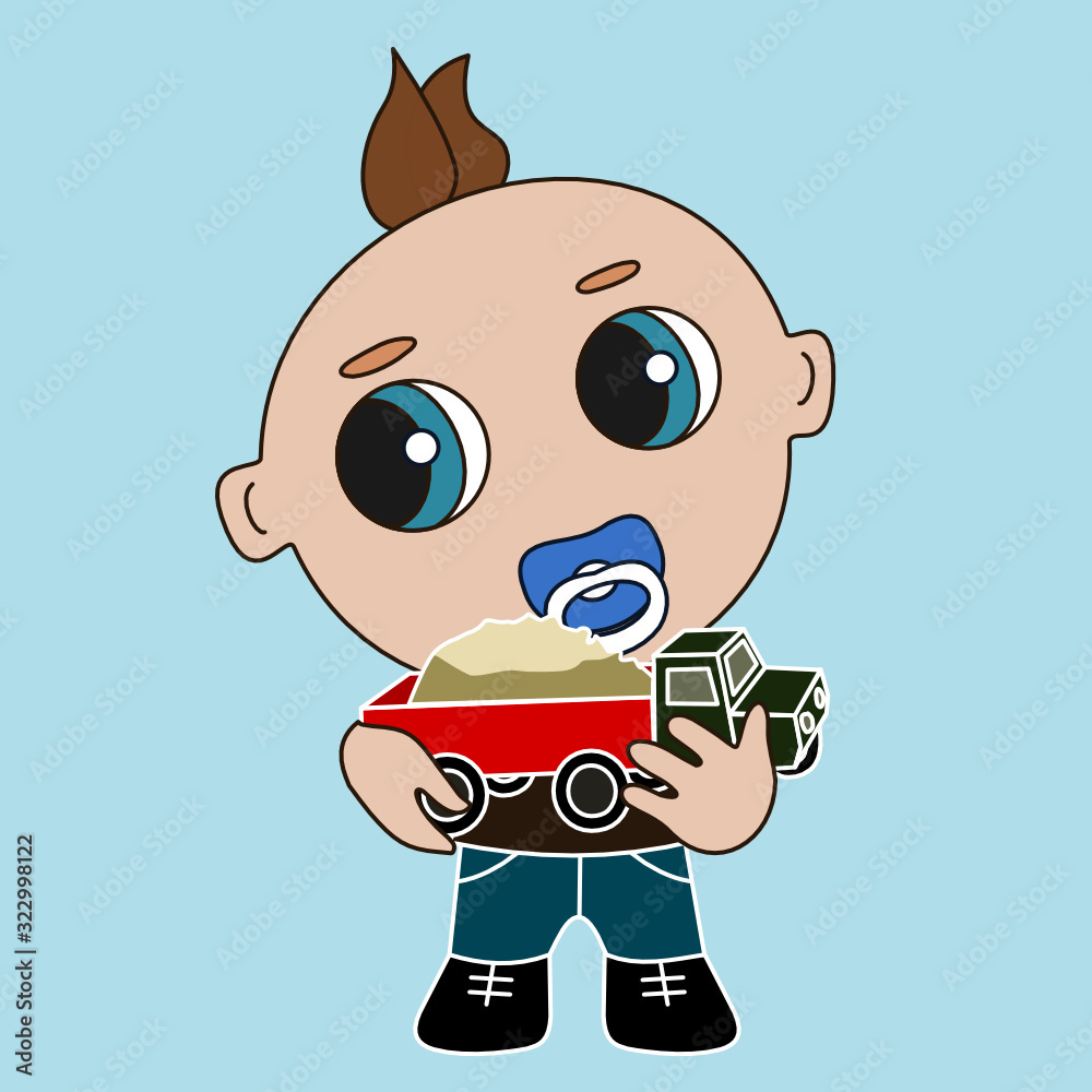 Emoticon with a baby boy who sucks a pacifier and holds in his hands a toy truck, color vector emoji on a blue isolated background