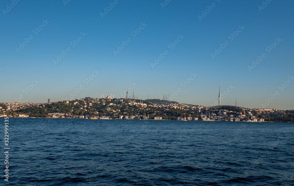 Container ships along the Bosphorus strait in Istanbul, Turkey