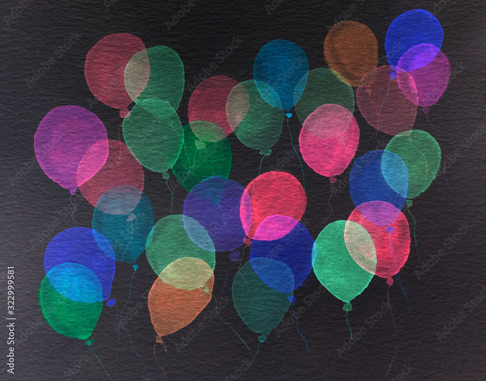 Illustrazione Stock Palloncini multicolore fluorescenti su sfondo scuro