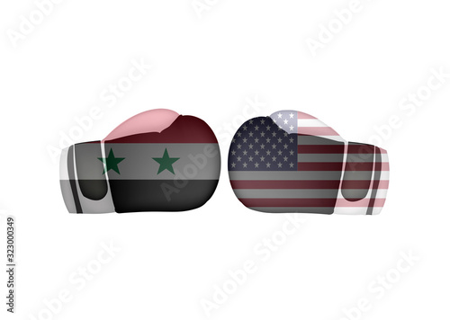 USA VS SYRIA conflict, Boxing gloves with United states of america and the the Syrian Arab Republic flag, boxing battle concept, sign symbol background, vector illustration.