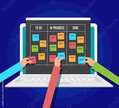scrum management board, workflow project on tablet pc, vector illustration