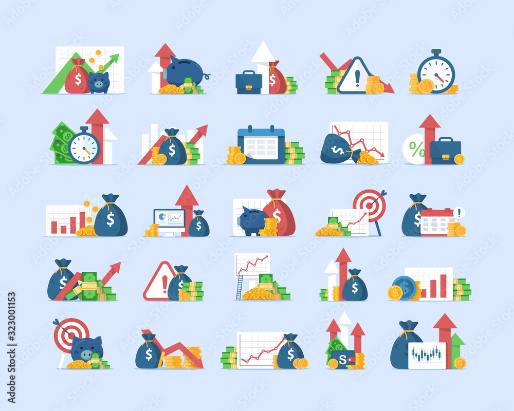 finance icons set,revenue increase,Compound interest, added value,flat design icon vector illustration 