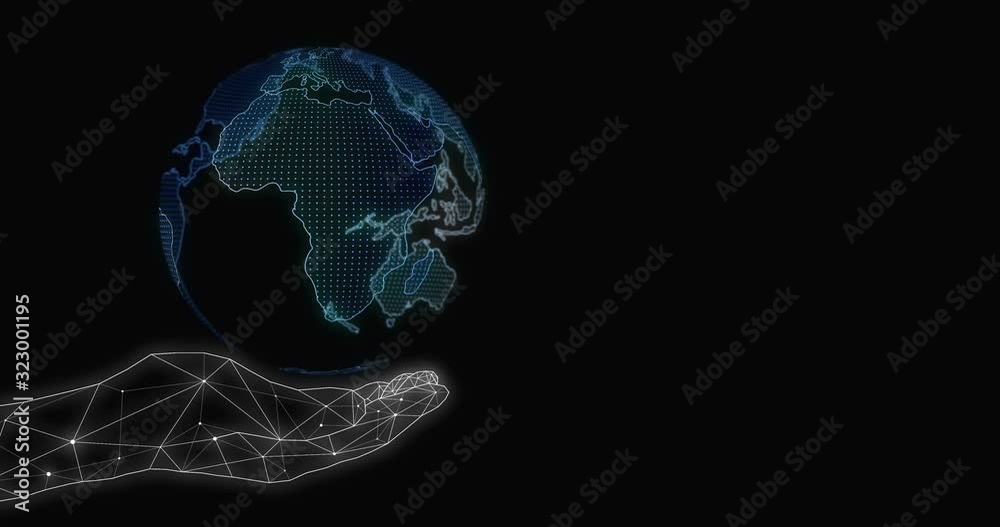 HUD motion graphic of global rotating on hand with empty space on right side. Concept of world network connection. 