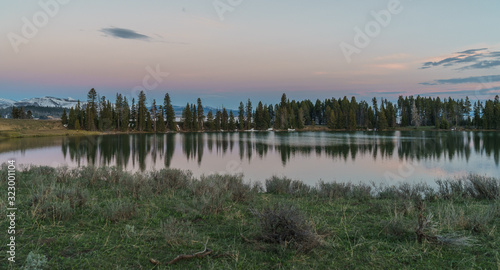 Beautiful Sunset Scenery at a lake in the Yellowstone national park  Wyoming
