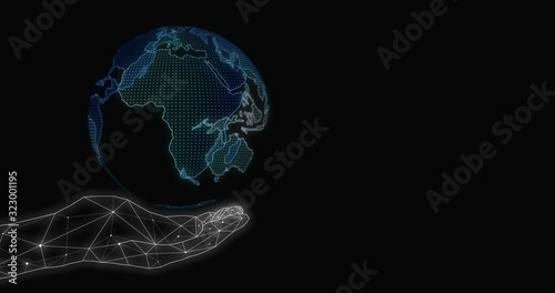 HUD motion graphic of global rotating on hand with empty space on right side. Concept of world network connection. 