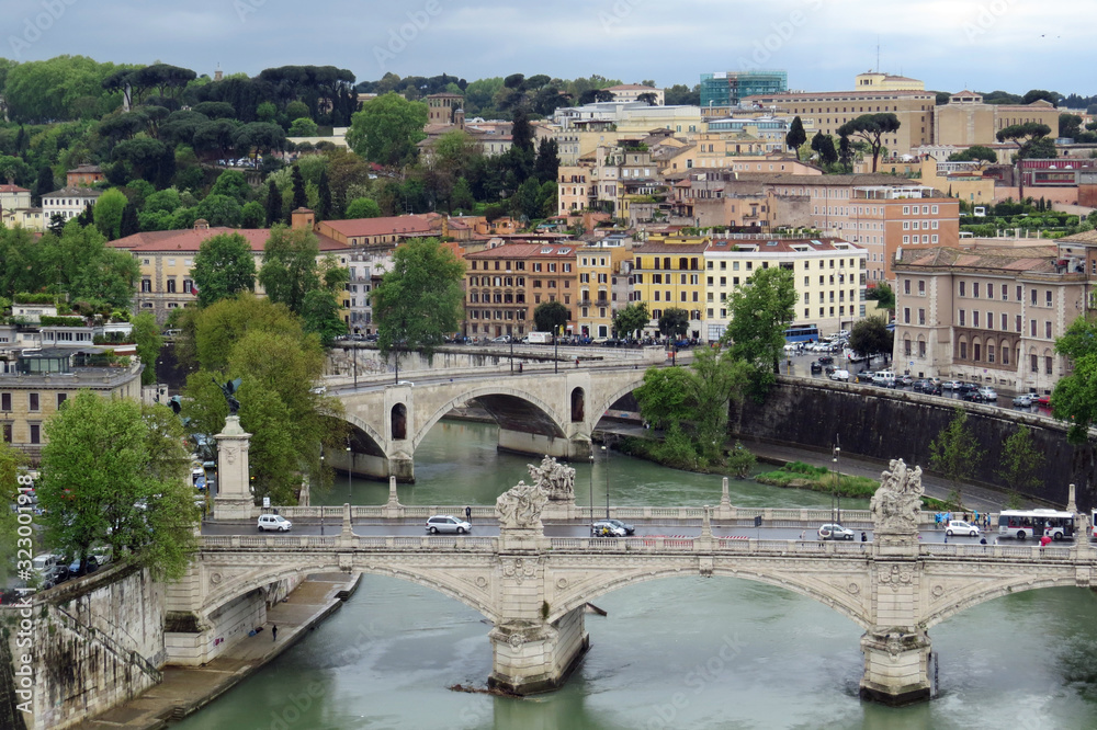 Aerial view on two bridges: the Ponte Principe Amedeo Savoia Aosta and the Ponte Vittorio Emanuele II in front of the city in Rome, Italy, Europe