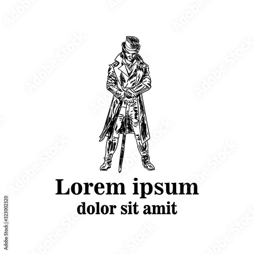Full length portrait of a gentleman in a suit with cane. Hand drawn vector illustration in vintage engraved style