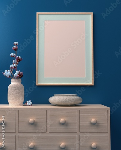 szablon pusta makieta na zdjęcie na tle nowoczesnego wnętrza domu classic blue kolor roku 2020 drewniana rama i komoda oraz kwiaty renderind 3d