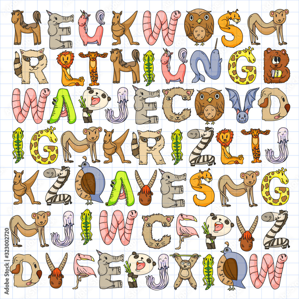 Animal alphabet. Zoo alphabet. Letters from A to Z. Cartoon cute animals. Elephant, dog, flamingo, giraffe, horse, alligator, bear, cat. Animal alphabet. Zoo alphabet. Letters from A to Z. Cartoon cute animals. Elephant, dog, flamingo, giraffe, horse, alligator, bear, cat.