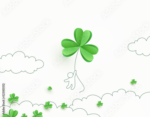 Shamrock flying green leaves banner. Irish Good Luck concept background. Vector clover pattern for Saint Patrick's Day holiday greeting card design..
