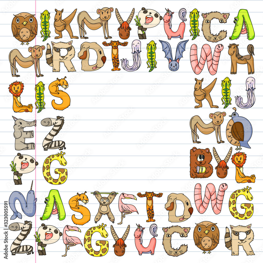 Animal alphabet. Zoo alphabet. Letters from A to Z. Cartoon cute animals. Elephant, dog, flamingo, giraffe, horse, alligator, bear, cat. Animal alphabet. Zoo alphabet. Letters from A to Z. Cartoon cute animals. Elephant, dog, flamingo, giraffe, horse, alligator, bear, cat.