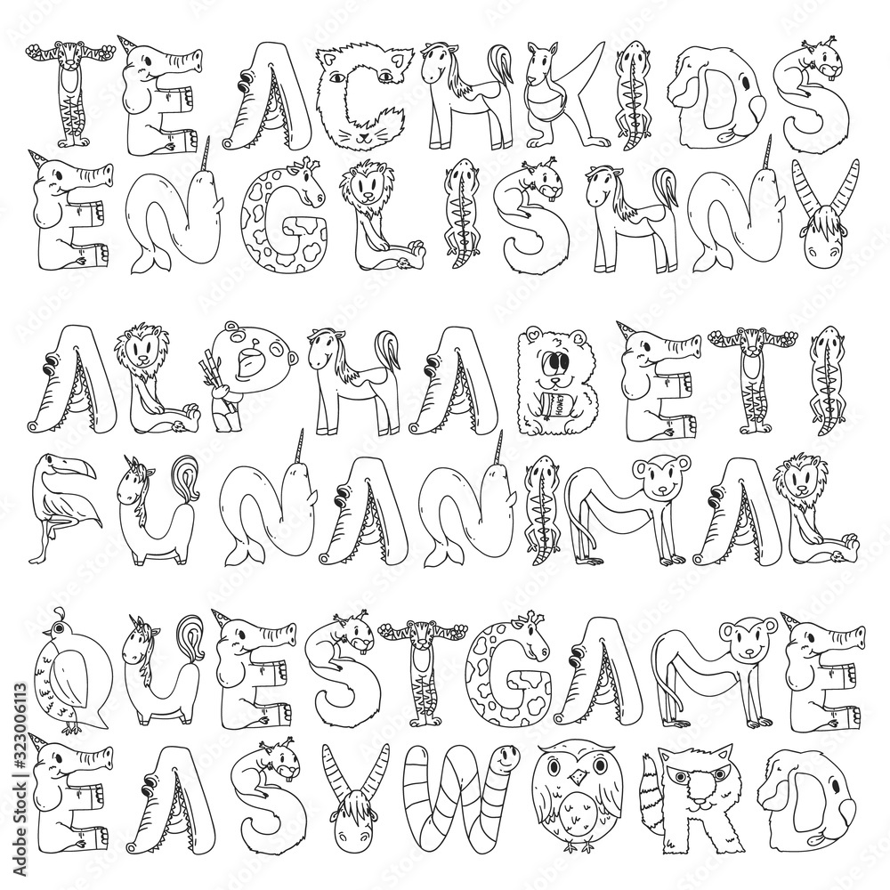 Animal alphabet. Zoo alphabet. Letters from A to Z. Cartoon cute animals. Elephant, dog, flamingo, giraffe, horse, alligator, bear, cat. Animal alphabet. Zoo alphabet. Letters from A to Z. Cartoon cute animals. Elephant, dog, flamingo, giraffe, horse, alligator, bear, cat.
