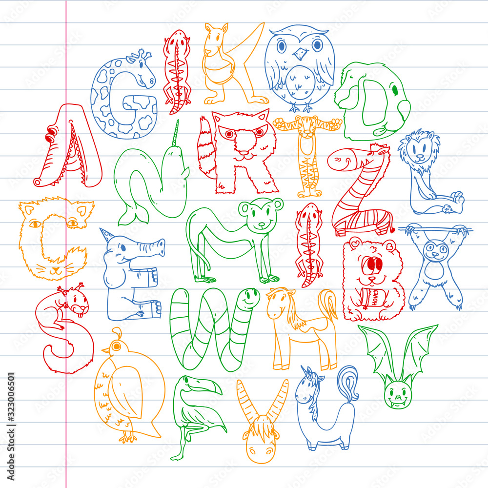 Fototapeta premium Animal alphabet. Zoo alphabet. Letters from A to Z. Cartoon cute animals. Elephant, dog, flamingo, giraffe, horse, alligator, bear, cat.