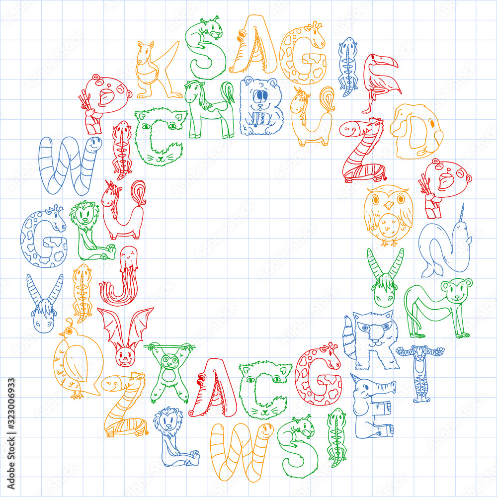 Animal alphabet. Zoo alphabet. Letters from A to Z. Cartoon cute animals. Elephant, dog, flamingo, giraffe, horse, alligator, bear, cat. Animal alphabet. Zoo alphabet. Letters from A to Z. Cartoon cute animals. Elephant, dog, flamingo, giraffe, horse, alligator, bear, cat.