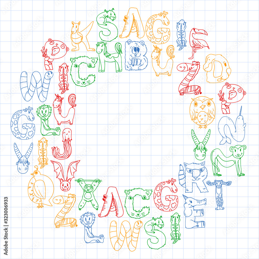 Animal alphabet. Zoo alphabet. Letters from A to Z. Cartoon cute animals. Elephant, dog, flamingo, giraffe, horse, alligator, bear, cat.