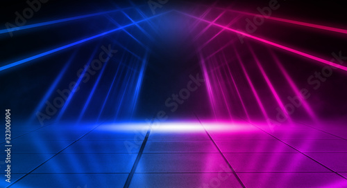 Empty stage, blue and pink, purple neon, abstract background. Rays of searchlights, light, abstract tunnel, corridor. Dark futuristic background, smoke, smog.