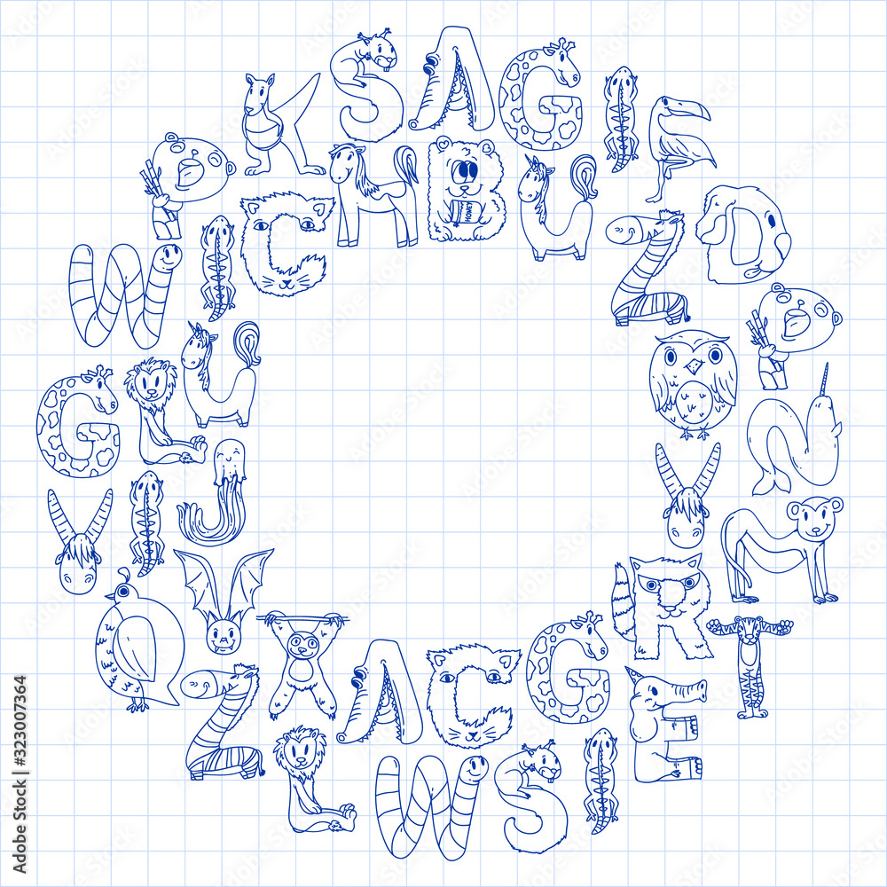 Animal alphabet. Zoo alphabet. Letters from A to Z. Cartoon cute animals. Elephant, dog, flamingo, giraffe, horse, alligator, bear, cat. Animal alphabet. Zoo alphabet. Letters from A to Z. Cartoon cute animals. Elephant, dog, flamingo, giraffe, horse, alligator, bear, cat.
