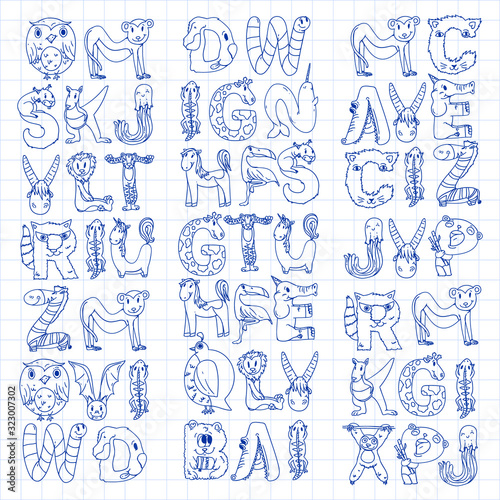 Fototapeta Naklejka Na Ścianę i Meble -  Animal alphabet. Zoo alphabet. Letters from A to Z. Cartoon cute animals. Elephant, dog, flamingo, giraffe, horse, alligator, bear, cat.