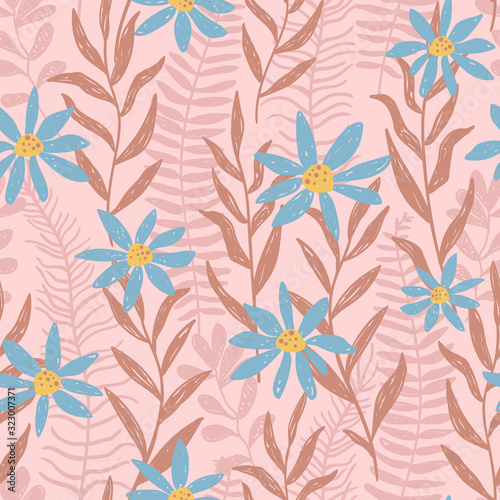Hand drawn seamless vector pattern with chamomile flowers and fern leaves. Blue daisy on a pink background with green stem. Romantic ditsy illustration perfect for fabrics.