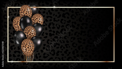 Vector template with 3d realistic leopard print and black balloons in golden frame with copy space. Horizontal banner for greeting card, Birthday, Sale, offers, flyer,Black Friday, social media header