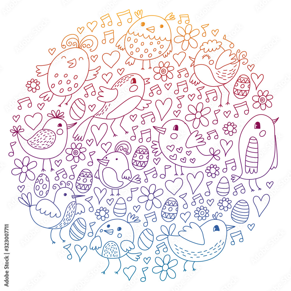 Naklejka premium Pattern kids fabric, textile, nursery wallpaper. Vector illustration. Hand drawn singing birds and flowers for little children.