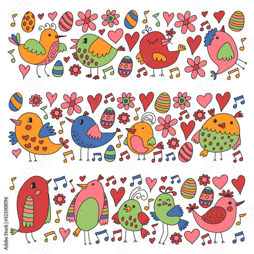 Pattern kids fabric, textile, nursery wallpaper. Vector illustration. Hand drawn singing birds and flowers for little children.