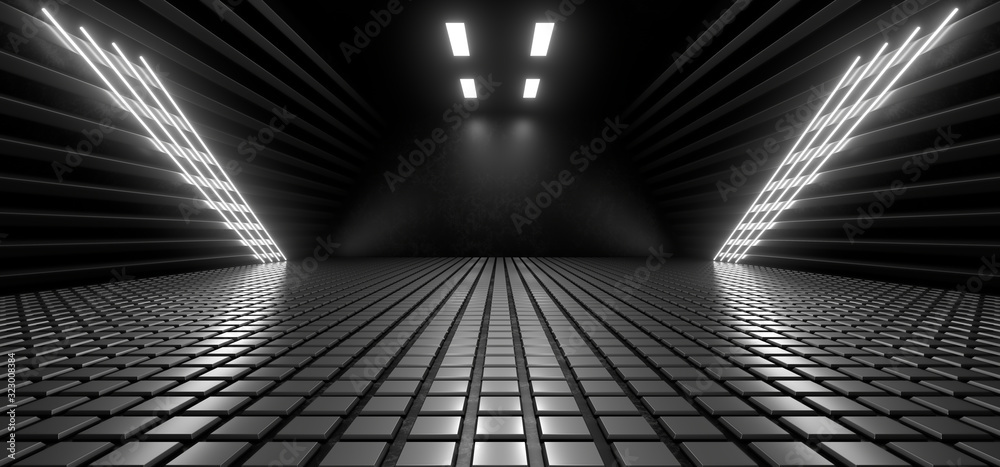 Obraz premium Beautiful composition of white neon lights on a black background. 3d rendering image.