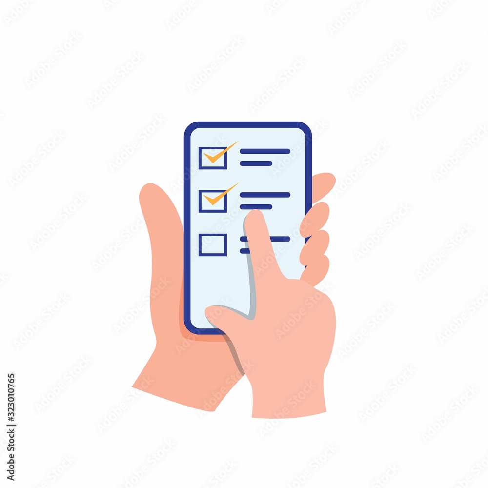 Hand holding smartphone touching screen as a online survey and review, online customers feedback for business. cartoon flat illustration vector isolated on white background Hand holding smartphone touching screen as a online survey and review, online customers feedback for business. cartoon flat illustration vector isolated on white background
