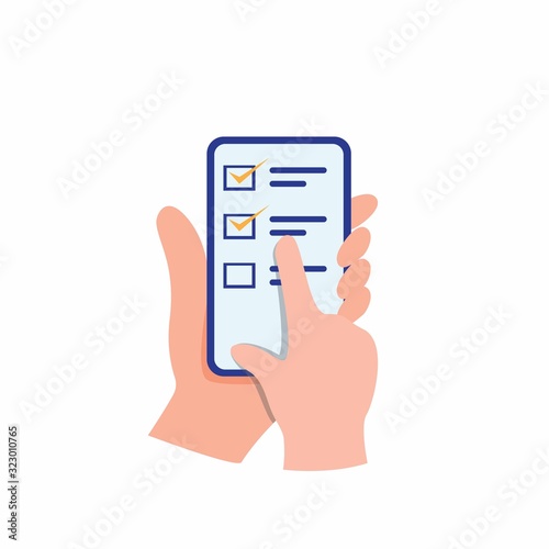 Hand holding smartphone touching screen as a online survey and review, online customers feedback for business. cartoon flat illustration vector isolated on white background