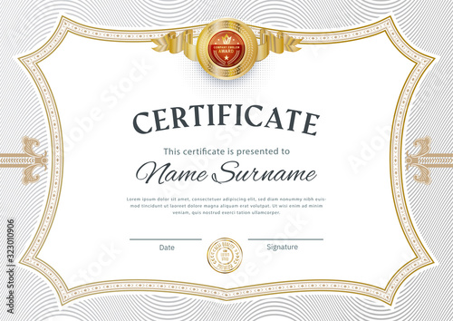 Official white certificate with vintage modern border and emblem. Business modern design. Gold emblem