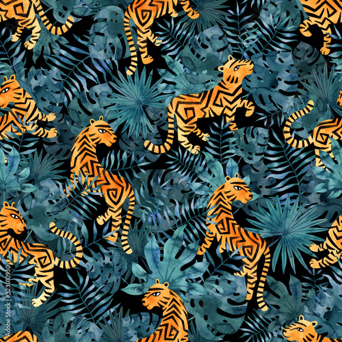 Tropical watercolor seamless pattern with tigers.  Hand painted raster illustration.