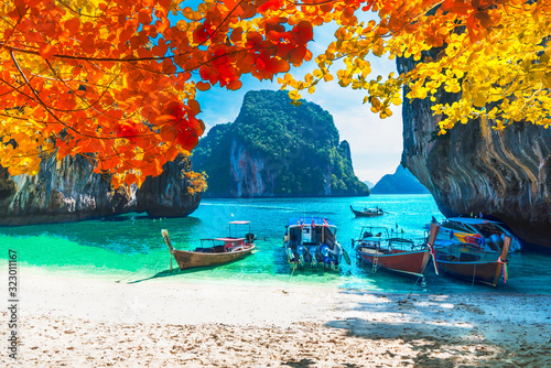 Fototapeta Naklejka Na Ścianę i Meble -  Beautiful nature scenic landscape sea beach in colorful autumn trees, Lao lading island Krabi, Travel in your dream Phuket Thailand beach summer holiday vacation trip, Tourism destination place Asia
